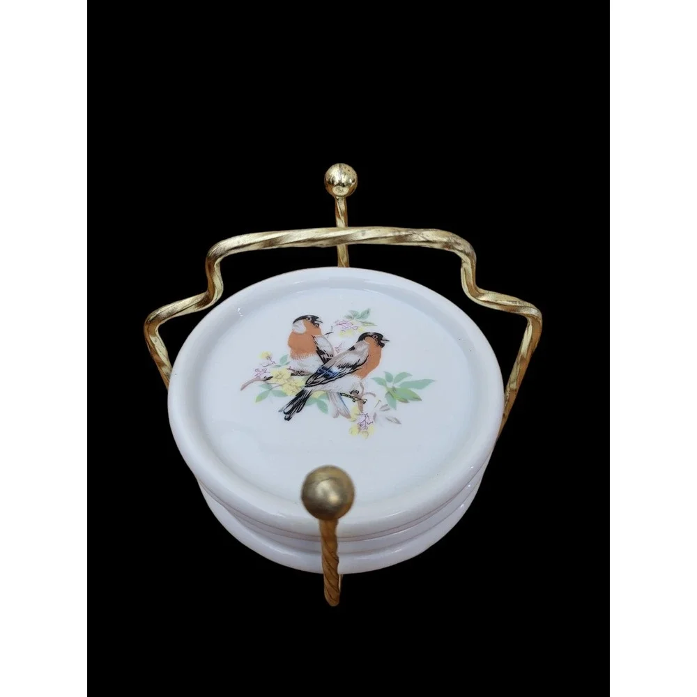 Set‎ of 4 Ceramic Porcelain Drink Coasters Vintage Birds Taiwan Carrying Caddy